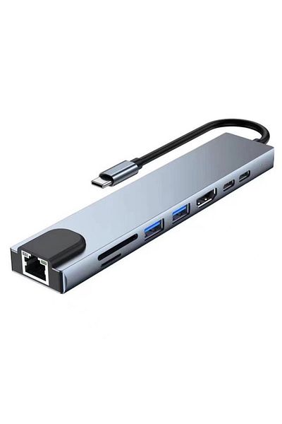 Choice محول USB 8 في 1 من النوع C 3.1 إلى 4K HDTV Hub باللون الرمادي مع قارئ بطاقات SD وTF وRJ45 وPD وشحن سريع لأجهزة Mac