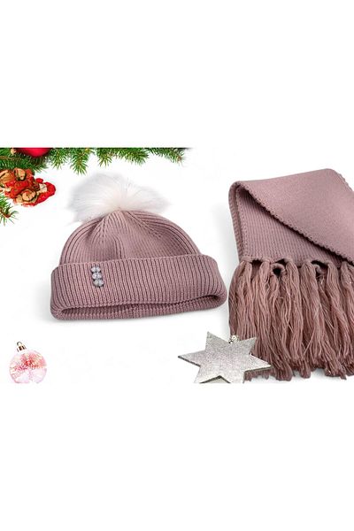 Eke Tekstil Powder Plain Pompom Tasseled 1-8 Years Old Girls' Scarf and Beanie Set