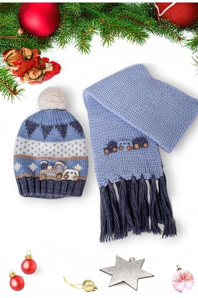 Eke Tekstil Blue Color Pompom Car Embroidered Beanie and Car Embroidered Tassel 9-15 Years Old Scarf Set