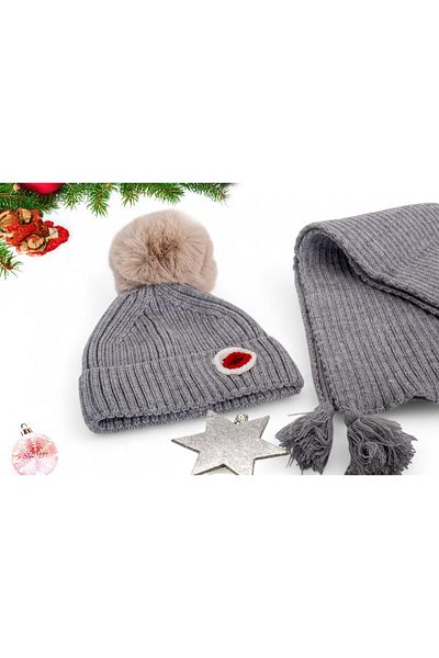Eke Tekstil Gray Duck Embroidered Children's 1-8 Years Old Scarf and Beanie Set