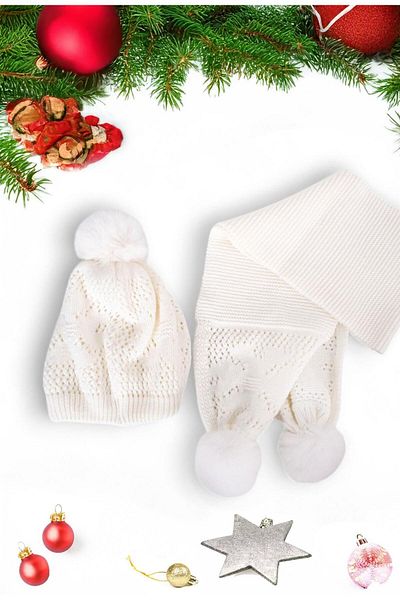 Eke Tekstil White Plain Patterned Pompom 1-8 Years Old Children's Scarf and Beanie Set