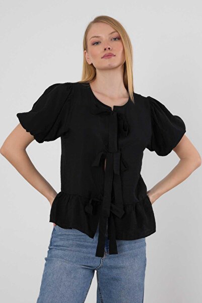 Rays 4334A Bluză cu detaliu cu cravată în față neagră