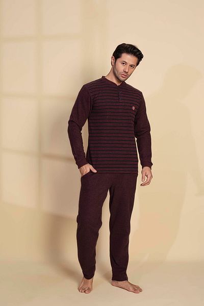 GUAVA+ Claret Red Stripes Selanic Men's Long Sleeve Pjamas Suit
