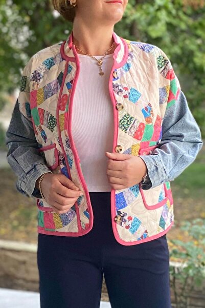 Mia Butik Kadın Krem Patchwork Desenli Ceket