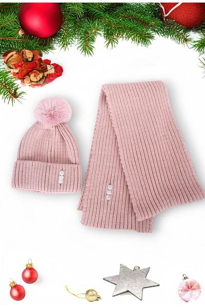 Eke Tekstil Powder Plain Pompom Buttoned Women's Scarf and Beanie Set