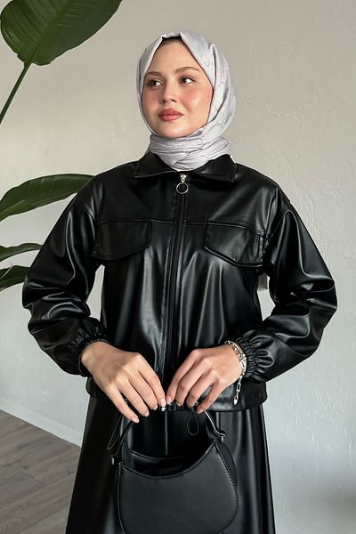 InStyle Black Leather Suit with Skirt and Jacket