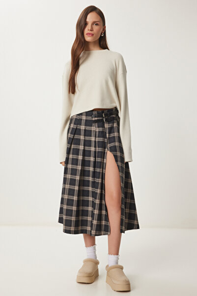 Lovelyİstanbul Kemerli Kareli Kloş Dokuma Etek ANTRASİT VİZON LNS0015