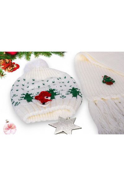 Eke Tekstil 6-12 Years Old Children's Snowman White Scarf and Beanie Set