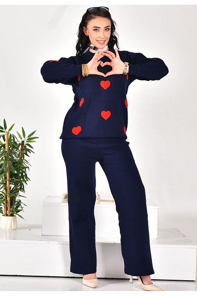 BUUFUU Knitwear Long Sleeve Süzene Heart Embroidered Top and Bottom Set