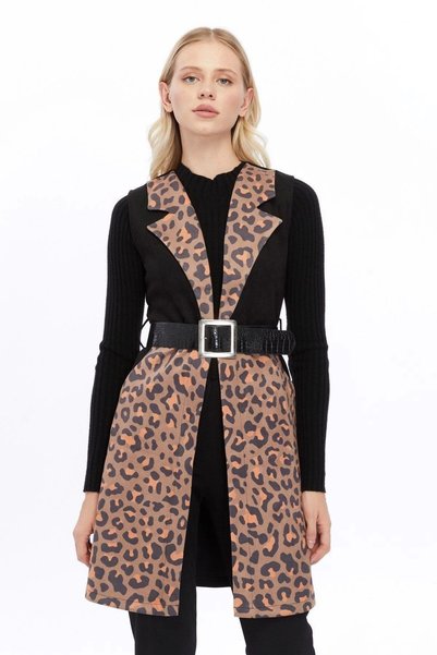 Apsen Collection Apsen Kadın Siyah Dijital Baskılı Süet Kumaş Kemer Detaylı Y...
