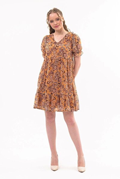 Genel Markalar Apsen Kadın Hardal Yeni Sezon Büzgü Detaylı Çiçek Desenli Şifo...