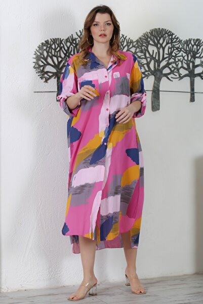 Chiccy Pink Shirt Collar and Print Woven Dress - Long Sleeve, Double Pockets, Italian 130 65
