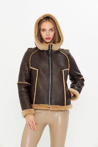 By Marki Marki Genuine Leather Hooded Oversize Women's Coat - Fur Inside - Brown 65 cm - 115522