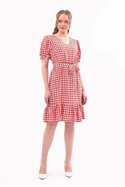 Apsen Collection Apsen Kadın Kareli Büzgü detaylı Yazlık midi Elbise 4430-105