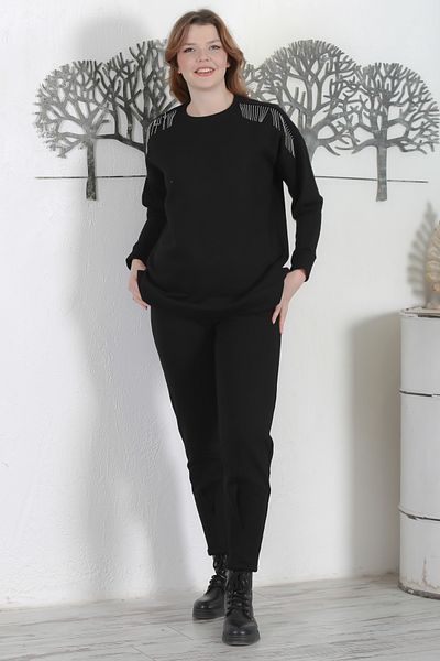 Chiccy Casual Knitted Set - Black Turtleneck, Cuffed Sleeves, Chain Tufted Pleated Bottom Top Set 70-97 59-53