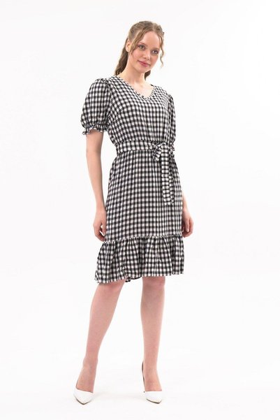 Apsen Collection Apsen Women's Checkered Drawstring Detailed Summer Midi Dres...