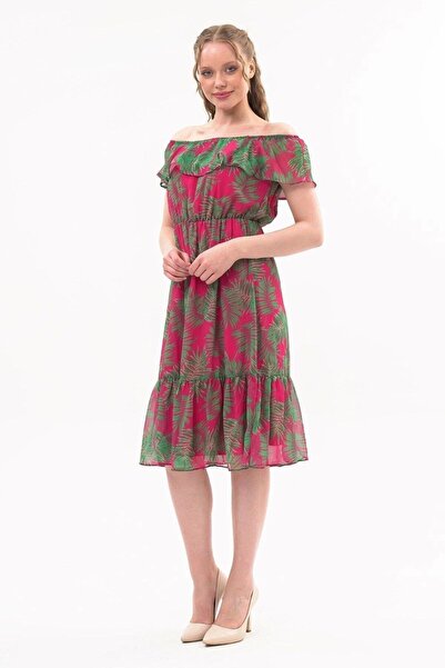 Apsen Collection Apsen Kadın Desenli Madonna Yaka Midi Şifon Elbise 4448-115