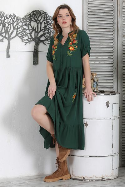 Chiccy Dark Green Dress with Judge Collar - Button, 3/4 Sleeve, Ruffle Hem, Embroidery Detail 134 54