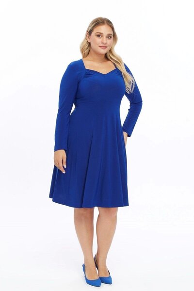 morise فستان نسائي من Apsen أزرق بلون الكوبالت بياقة خماسية وأكمام طويلة وتفا...