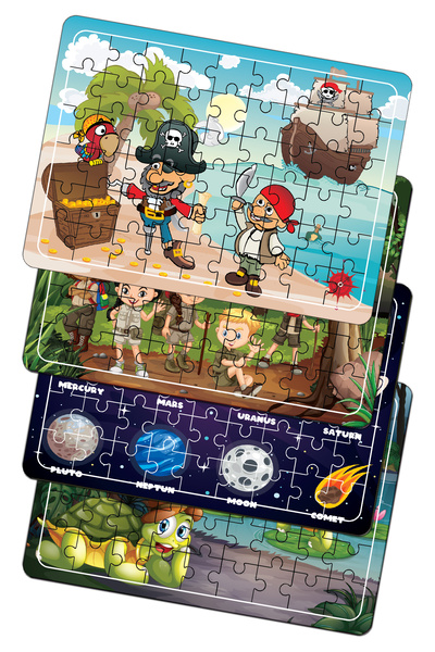 Leelii Tasarım Korsanlar, Kaplumbağalar, Gezegenler, Çocuklar 54 Parça Ahşap Puzzle Yapboz 4'lü Set
