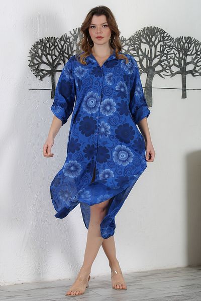 Chiccy Rochie italiană țesătă albastru miez de noapte - guler cămașă, nasturi, mâneci lungi, buzunare duble, imprimat peste tot 130 65