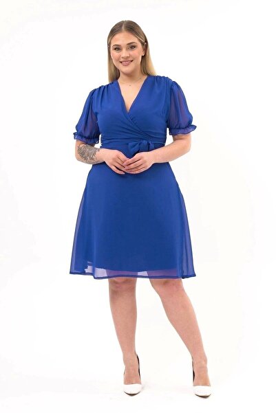 Genel Markalar Apsen Kadın Kruvaze Yaka Kuşaklı Büyük Beden Midi Boy Şifon El...