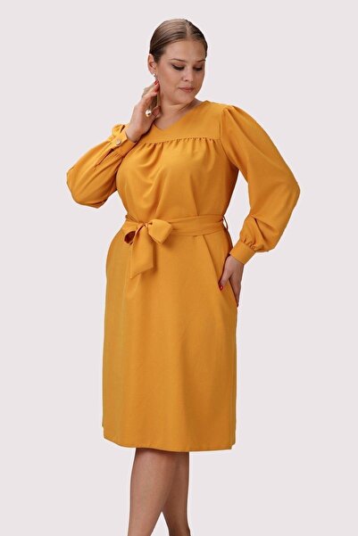 morise Apsen Women's Mustard Long Sleeve Transitional Midi Length Plus Size D...