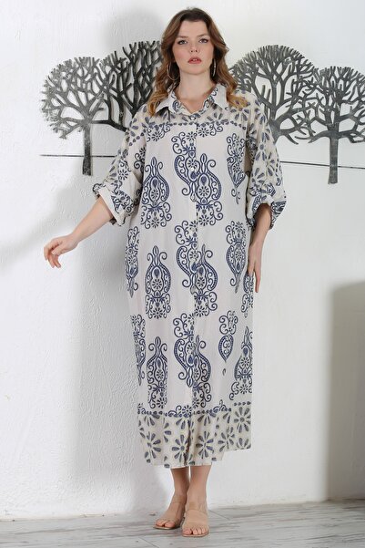 Chiccy Μπεζ υπερμεγέθη υφαντό φόρεμα - Πουκάμισο με γιακά, κουμπιά, μανίκι 3/4, σχισμές, στάμπα σε όλο το φόρεμα 130 72