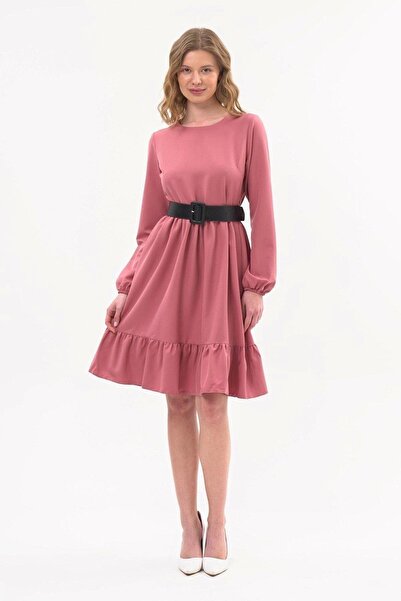 Genel Markalar Apsen Kadın Gül Kurusu Eteği Fırfırlı Bisiklet Yaka Kemer Deta...