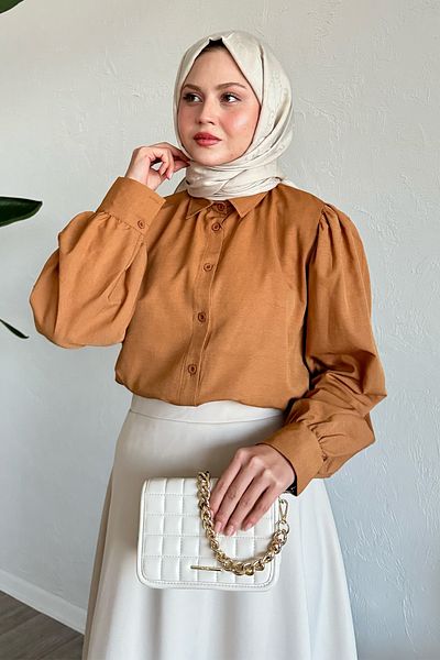 InStyle Cămașă Camel lejeră cu mâneci cu balon