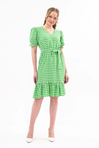 Apsen Collection Apsen Women's Checkered Drawstring Detailed Summer Midi Dres...