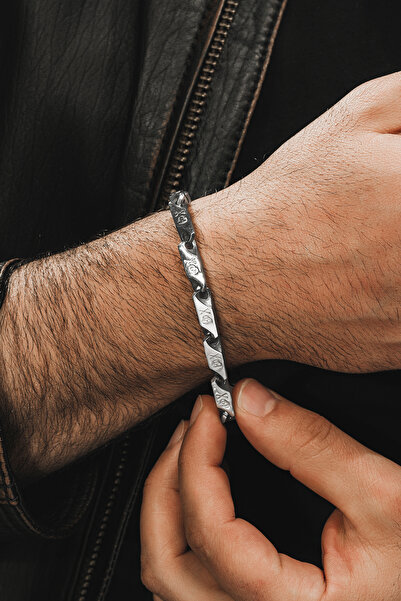 OSMANLI GÜMÜŞ سوار فولاذي للرجال - سوار فولاذي متوسط السُمك بزخارف جمجمة