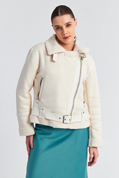 Ecrou Women's Stone Fur Zippered Faux Leather Crop Coat with Six Belts