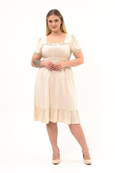 Apsen Collection Apsen Women's Beige Square Neck Ruffle Detailed Midi Length ...