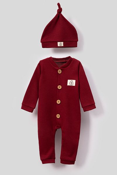 Bubito Waffle Patterned Unisex Baby Romper with Hat - Wooden Button, Red