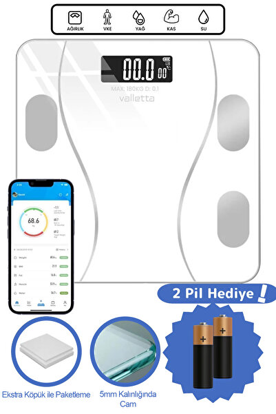 valletta Maestro Pil Hediyeli Dijital Baskül Yağ Su Kas Vücut Kitle Endeksi K...