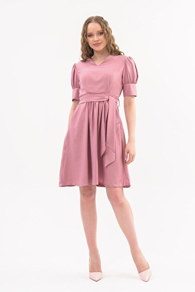 Genel Markalar Apsen Kadın Gül Kurusu Kuşaklı Cep Detaylı Kolu Kısa Midi Boy ...