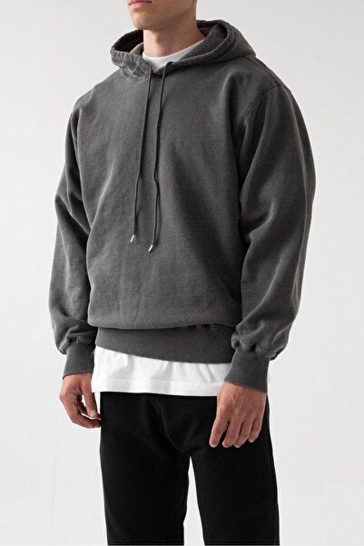 FİTGO 2 İplik Sade Antrasit Kapüşonlu Kanguru Cepli Sweatshirt
