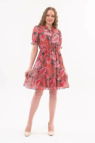 Genel Markalar Kadın Kiremit Fırfırlı Bağlamalı Yaka Midi Şifon Elbise 4432-100