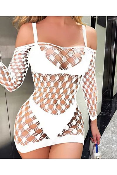 İntive Lingerie Secret Love Medium Mesh Detailed Mini Stretchy Long Sleeve Degaje Collar Body Stocking/Babydoll