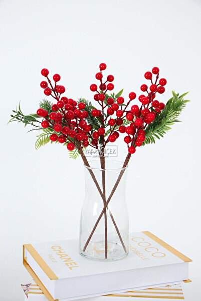 Yapay Çiçek Deposu Yeni yıl Çiçeği Garnitürlü Yılbaşı Dalı Yapay Çiçek 35 cm(3lü Set)