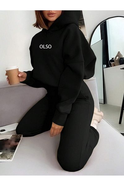 Know Women's 3 Thread Black Olso Printed Hooded Bottom Top Tracksuit Set