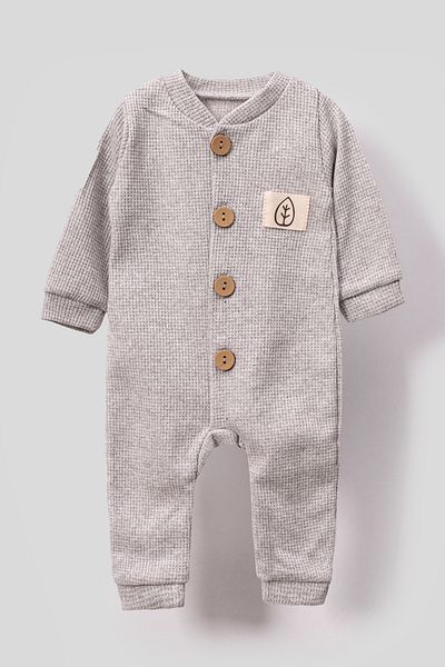 Bubito Unisex Waffle Print Stylish Baby Romper with Wooden Buttons - Gray
