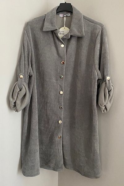 AYASOFYA OTANTIK Women's Italian Gray Button Closure Loose Overseize Foldable Long Sleeve Velvet Tunic Dress