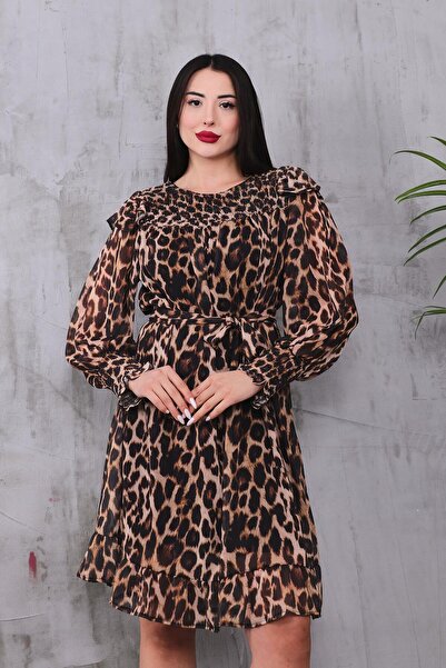 ZEYWEAR Pileli Leopar Şifon Elbise