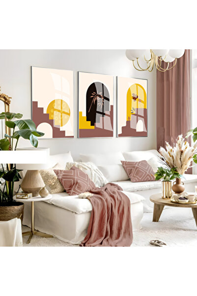 Harika bir ev Hari̇kabi̇rev | Cream-Yellow-Black Minimalist Bohemian Leaf Set...