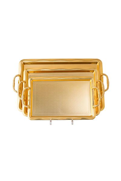 Dania 3 Pieces Gold Decorated Rectangular Metal Wave Tray Set
