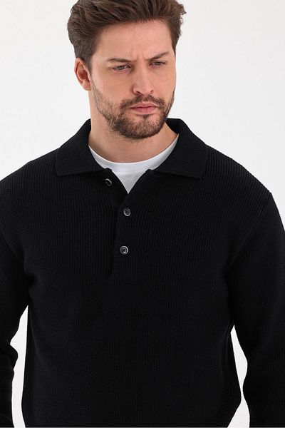 odelon Men's Regular Fit Cotton Polo Neck Buttoned Black Knitwear Sweater