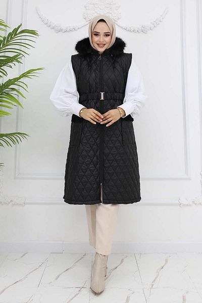 giyze Belted Hooded Quilted Puffer Vest Black 1903