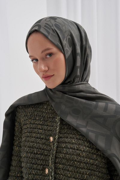carell Italian Silk Jacquard Text Patterned Khaki Shawl